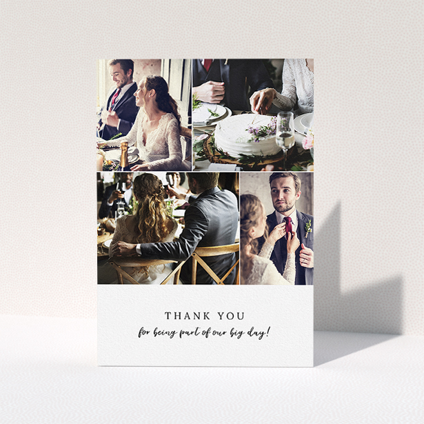 A wedding thank you card named "4 Photo Strip". It is an A5 card in a portrait orientation. It is a photographic wedding thank you card with room for 4 photos. "4 Photo Strip" is available as a folded card, with mainly white colouring.