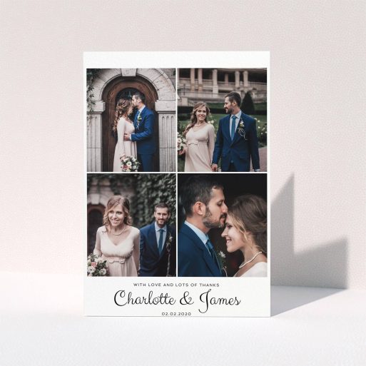A wedding thank you card named "4 Photo Thanks". It is an A5 card in a portrait orientation. It is a photographic wedding thank you card with room for 4 photos. "4 Photo Thanks" is available as a folded card, with mainly white colouring.