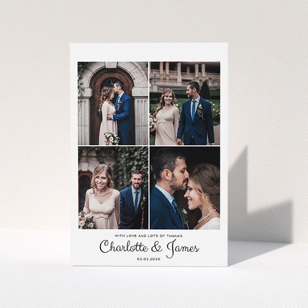 A wedding thank you card named "4 Photo Thanks". It is an A5 card in a portrait orientation. It is a photographic wedding thank you card with room for 4 photos. "4 Photo Thanks" is available as a folded card, with mainly white colouring.