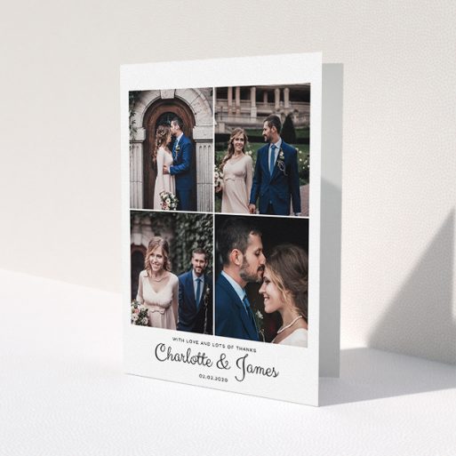 A wedding thank you card named '4 Photo Thanks'. It is an A5 card in a portrait orientation. It is a photographic wedding thank you card with room for 4 photos. '4 Photo Thanks' is available as a folded card, with mainly white colouring.