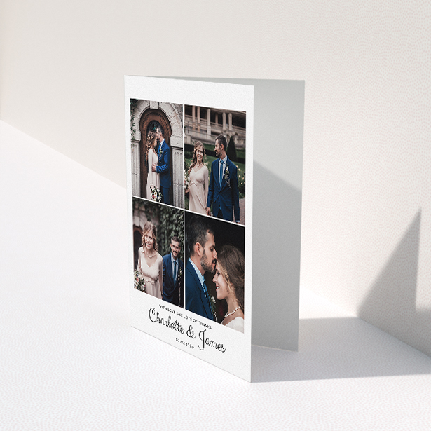 A wedding thank you card named "4 Photo Thanks". It is an A5 card in a portrait orientation. It is a photographic wedding thank you card with room for 4 photos. "4 Photo Thanks" is available as a folded card, with mainly white colouring.