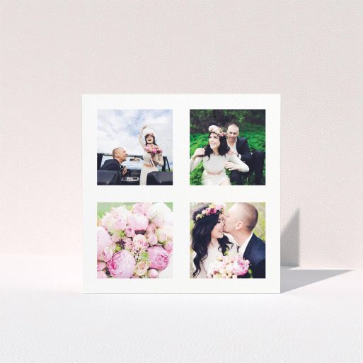 A wedding thank you card design named "4 Quadrants ". It is a square (148mm x 148mm) card in a square orientation. It is a photographic wedding thank you card with room for 3 photos. "4 Quadrants " is available as a folded card, with mainly white colouring.