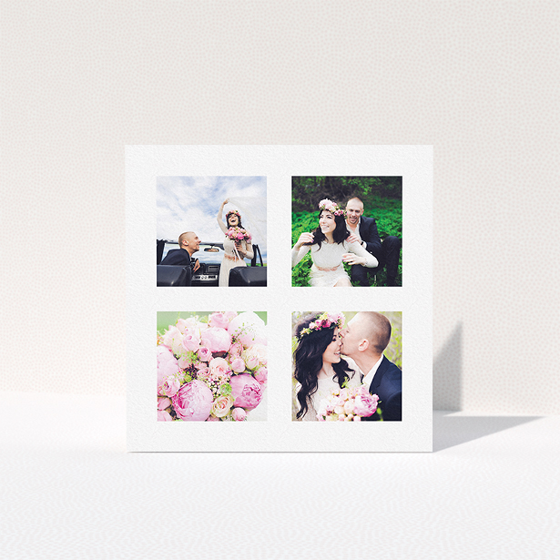 A wedding thank you card design named "4 Quadrants ". It is a square (148mm x 148mm) card in a square orientation. It is a photographic wedding thank you card with room for 3 photos. "4 Quadrants " is available as a folded card, with mainly white colouring.