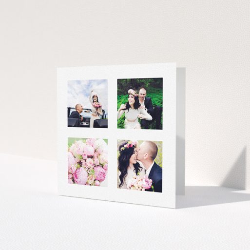 A wedding thank you card design named '4 Quadrants '. It is a square (148mm x 148mm) card in a square orientation. It is a photographic wedding thank you card with room for 3 photos. '4 Quadrants ' is available as a folded card, with mainly white colouring.