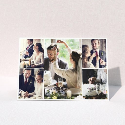 A wedding thank you card template titled "5 Photo Arrangement". It is an A5 card in a landscape orientation. It is a photographic wedding thank you card with room for 5 photos. "5 Photo Arrangement" is available as a folded card, with mainly white colouring.