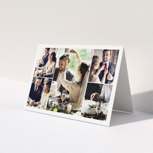 A wedding thank you card template titled '5 Photo Arrangement'. It is an A5 card in a landscape orientation. It is a photographic wedding thank you card with room for 5 photos. '5 Photo Arrangement' is available as a folded card, with mainly white colouring.