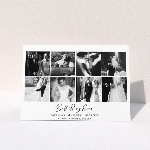 A wedding thank you card template titled "8 Photo Arrangement". It is an A5 card in a landscape orientation. It is a photographic wedding thank you card with room for 8 photos. "8 Photo Arrangement" is available as a folded card, with mainly white colouring.