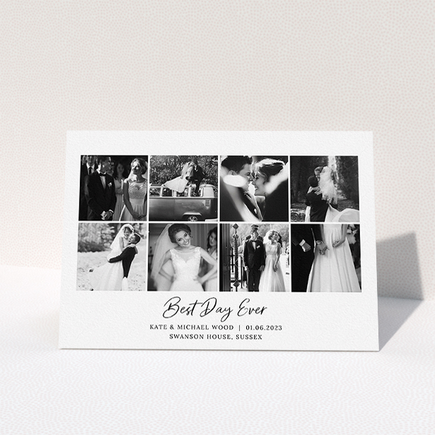 A wedding thank you card template titled "8 Photo Arrangement". It is an A5 card in a landscape orientation. It is a photographic wedding thank you card with room for 8 photos. "8 Photo Arrangement" is available as a folded card, with mainly white colouring.