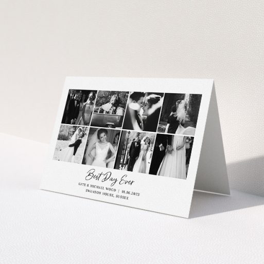 A wedding thank you card template titled '8 Photo Arrangement'. It is an A5 card in a landscape orientation. It is a photographic wedding thank you card with room for 8 photos. '8 Photo Arrangement' is available as a folded card, with mainly white colouring.