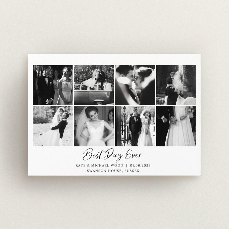 A wedding thank you card design titled "8 Photo Arrangement". It is an A6 card in a landscape orientation. It is a photographic wedding thank you card with room for 8 photos. "8 Photo Arrangement" is available as a flat card, with mainly white colouring.
