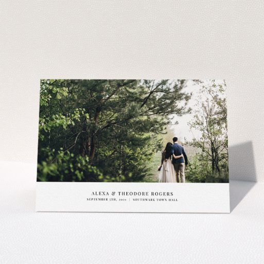 A wedding thank you card called "A Modern Classic Thank You". It is an A5 card in a landscape orientation. It is a photographic wedding thank you card with room for 1 photo. "A Modern Classic Thank You" is available as a folded card, with mainly white colouring.