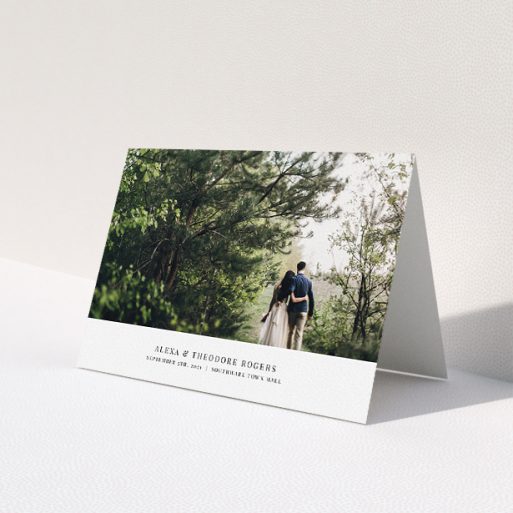 A wedding thank you card called 'A Modern Classic Thank You'. It is an A5 card in a landscape orientation. It is a photographic wedding thank you card with room for 1 photo. 'A Modern Classic Thank You' is available as a folded card, with mainly white colouring.
