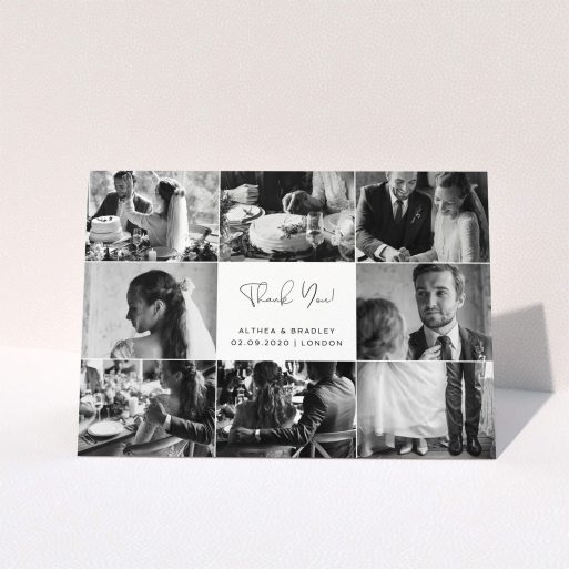 A wedding thank you card template titled "A Photo Photo Frame". It is an A5 card in a landscape orientation. It is a photographic wedding thank you card with room for 8 photos. "A Photo Photo Frame" is available as a folded card, with mainly white colouring.