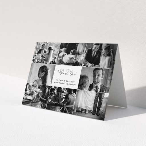 A wedding thank you card template titled 'A Photo Photo Frame'. It is an A5 card in a landscape orientation. It is a photographic wedding thank you card with room for 8 photos. 'A Photo Photo Frame' is available as a folded card, with mainly white colouring.