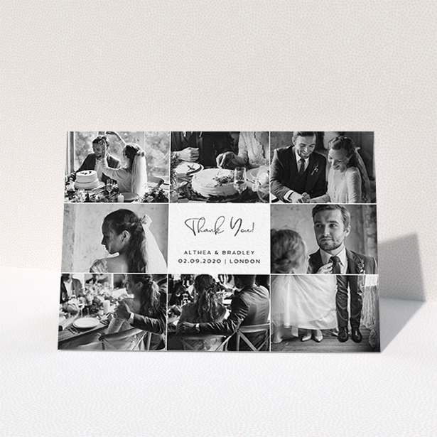 A wedding thank you card design named "A Photo Photo Frame". It is an A6 card in a landscape orientation. It is a photographic wedding thank you card with room for 8 photos. "A Photo Photo Frame" is available as a folded card, with mainly white colouring.