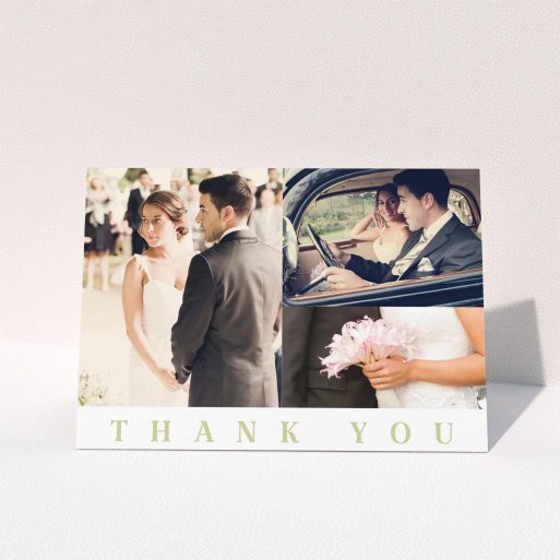 A wedding thank you card template titled "A world without walls". It is an A5 card in a landscape orientation. It is a photographic wedding thank you card with room for 3 photos. "A world without walls" is available as a folded card, with tones of white and gold.