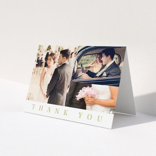A wedding thank you card template titled 'A world without walls'. It is an A5 card in a landscape orientation. It is a photographic wedding thank you card with room for 3 photos. 'A world without walls' is available as a folded card, with tones of white and gold.