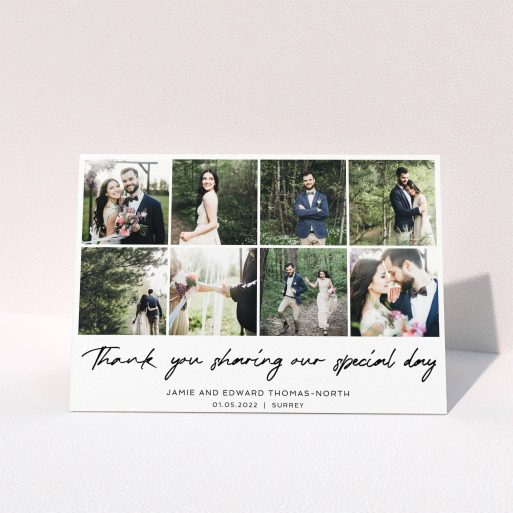 A wedding thank you card design titled "All the Wedding Photos". It is an A5 card in a landscape orientation. It is a photographic wedding thank you card with room for 8 photos. "All the Wedding Photos" is available as a folded card, with mainly white colouring.