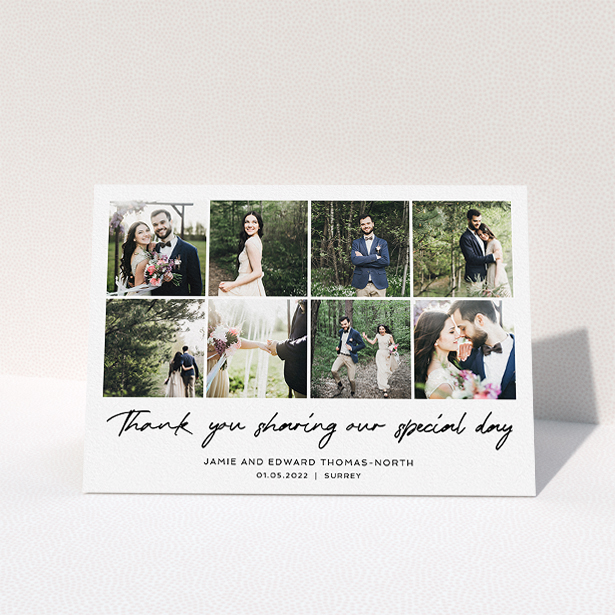 A wedding thank you card design titled "All the Wedding Photos". It is an A5 card in a landscape orientation. It is a photographic wedding thank you card with room for 8 photos. "All the Wedding Photos" is available as a folded card, with mainly white colouring.
