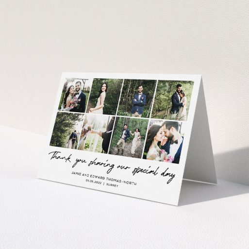 A wedding thank you card design titled 'All the Wedding Photos'. It is an A5 card in a landscape orientation. It is a photographic wedding thank you card with room for 8 photos. 'All the Wedding Photos' is available as a folded card, with mainly white colouring.
