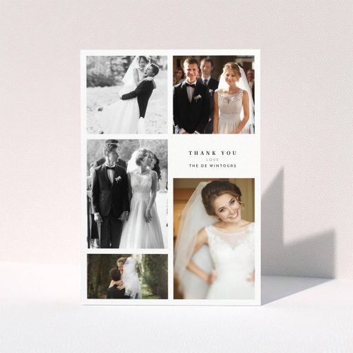 A wedding thank you card design titled "All the worlds a stage". It is an A5 card in a portrait orientation. It is a photographic wedding thank you card with room for 3 photos. "All the worlds a stage" is available as a folded card, with tones of black and white.