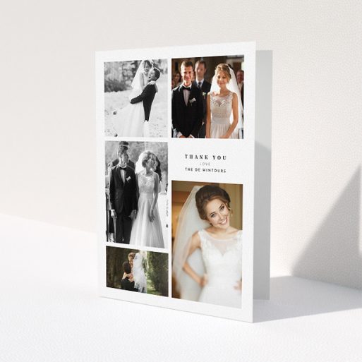 A wedding thank you card design titled 'All the worlds a stage'. It is an A5 card in a portrait orientation. It is a photographic wedding thank you card with room for 3 photos. 'All the worlds a stage' is available as a folded card, with tones of black and white.