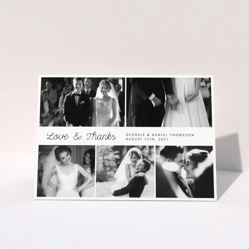 A wedding thank you card design named "An Uneven 5 Photos". It is an A5 card in a landscape orientation. It is a photographic wedding thank you card with room for 5 photos. "An Uneven 5 Photos" is available as a folded card, with mainly white colouring.