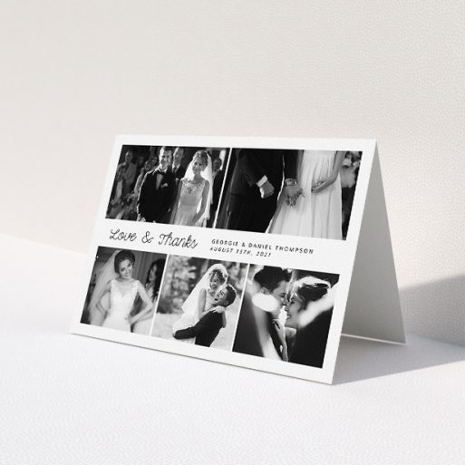 A wedding thank you card design named 'An Uneven 5 Photos'. It is an A5 card in a landscape orientation. It is a photographic wedding thank you card with room for 5 photos. 'An Uneven 5 Photos' is available as a folded card, with mainly white colouring.