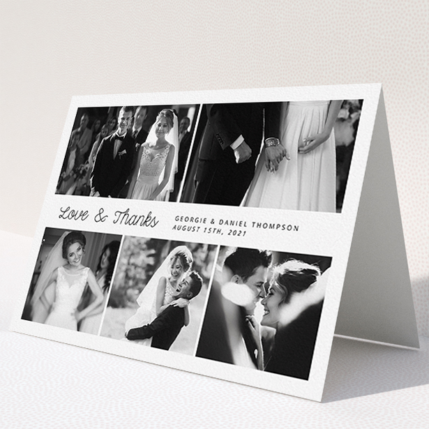 A wedding thank you card design named "An Uneven 5 Photos". It is an A5 card in a landscape orientation. It is a photographic wedding thank you card with room for 5 photos. "An Uneven 5 Photos" is available as a folded card, with mainly white colouring.