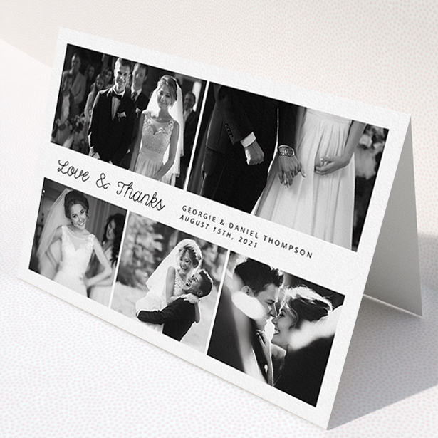 A wedding thank you card design named "An Uneven 5 Photos". It is an A5 card in a landscape orientation. It is a photographic wedding thank you card with room for 5 photos. "An Uneven 5 Photos" is available as a folded card, with mainly white colouring.