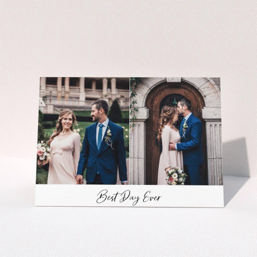 A wedding thank you card design called "Best. Wedding. Ever.". It is an A5 card in a landscape orientation. It is a photographic wedding thank you card with room for 2 photos. "Best. Wedding. Ever." is available as a folded card, with mainly white colouring.