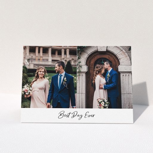 A wedding thank you card design called "Best. Wedding. Ever.". It is an A5 card in a landscape orientation. It is a photographic wedding thank you card with room for 2 photos. "Best. Wedding. Ever." is available as a folded card, with mainly white colouring.