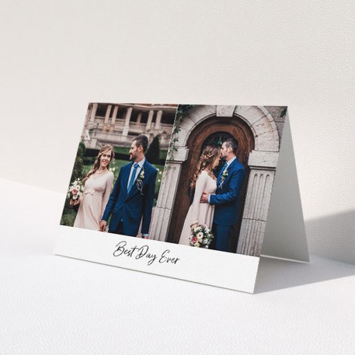 A wedding thank you card design called 'Best. Wedding. Ever.'. It is an A5 card in a landscape orientation. It is a photographic wedding thank you card with room for 2 photos. 'Best. Wedding. Ever.' is available as a folded card, with mainly white colouring.
