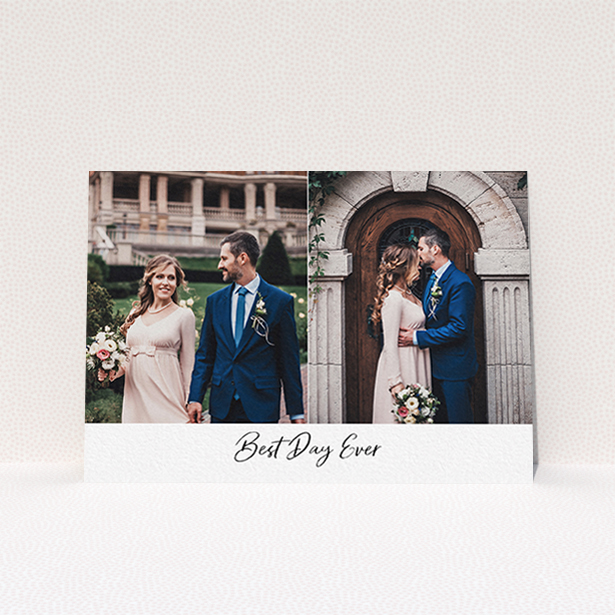 A wedding thank you card called "Best. Wedding. Ever.". It is an A6 card in a landscape orientation. It is a photographic wedding thank you card with room for 2 photos. "Best. Wedding. Ever." is available as a flat card, with mainly white colouring.