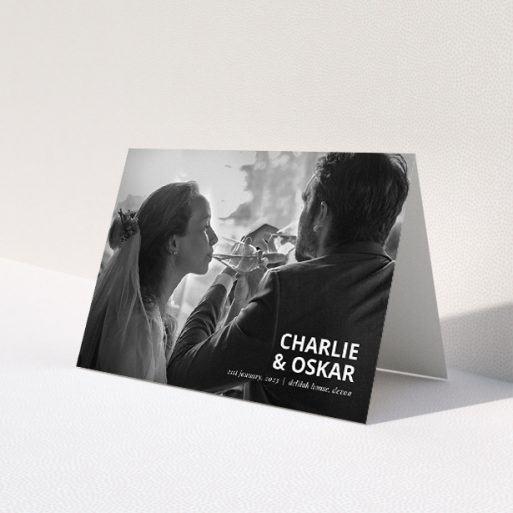 A wedding thank you card design named 'Bold Photo Corner'. It is an A5 card in a landscape orientation. It is a photographic wedding thank you card with room for 1 photo. 'Bold Photo Corner' is available as a folded card, with mainly white colouring.