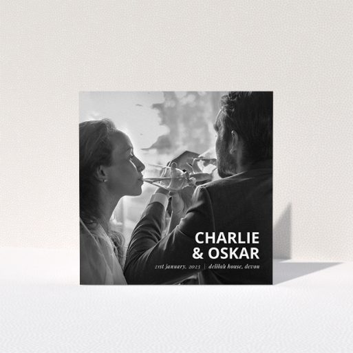 A wedding thank you card design called "Bold Photo Corner". It is a square (148mm x 148mm) card in a square orientation. It is a photographic wedding thank you card with room for 1 photo. "Bold Photo Corner" is available as a folded card, with mainly white colouring.