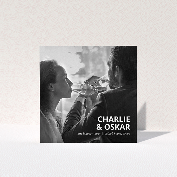 A wedding thank you card design called "Bold Photo Corner". It is a square (148mm x 148mm) card in a square orientation. It is a photographic wedding thank you card with room for 1 photo. "Bold Photo Corner" is available as a folded card, with mainly white colouring.