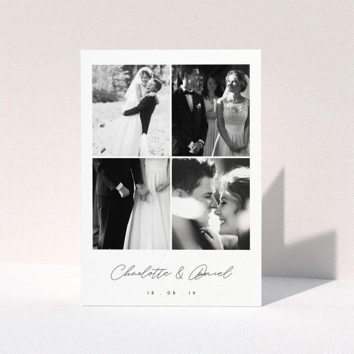 Wedding Thank You Card Design - "Box Chic" A wedding thank you card named "Box Chic". It is an A5 card in a portrait orientation. It is a photographic wedding thank you card with room for 3 photos. "Box Chic" is available as a folded card, with tones of black and white.