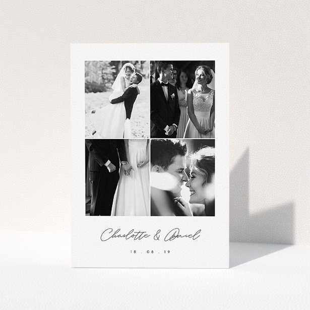 A wedding thank you card named "Box Chic". It is an A5 card in a portrait orientation. It is a photographic wedding thank you card with room for 3 photos. "Box Chic" is available as a folded card, with tones of black and white.