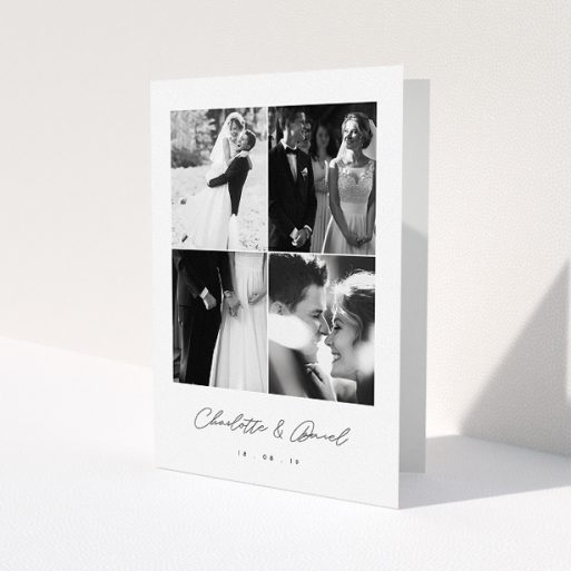 A wedding thank you card named 'Box Chic'. It is an A5 card in a portrait orientation. It is a photographic wedding thank you card with room for 3 photos. 'Box Chic' is available as a folded card, with tones of black and white.