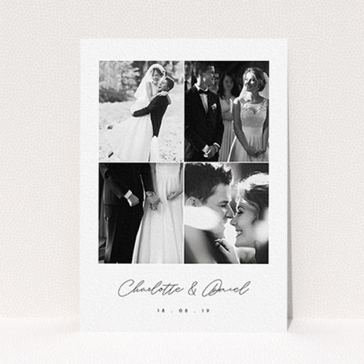 A wedding thank you card named "Box Chic". It is an A6 card in a portrait orientation. It is a photographic wedding thank you card with room for 3 photos. "Box Chic" is available as a flat card, with tones of black and white.