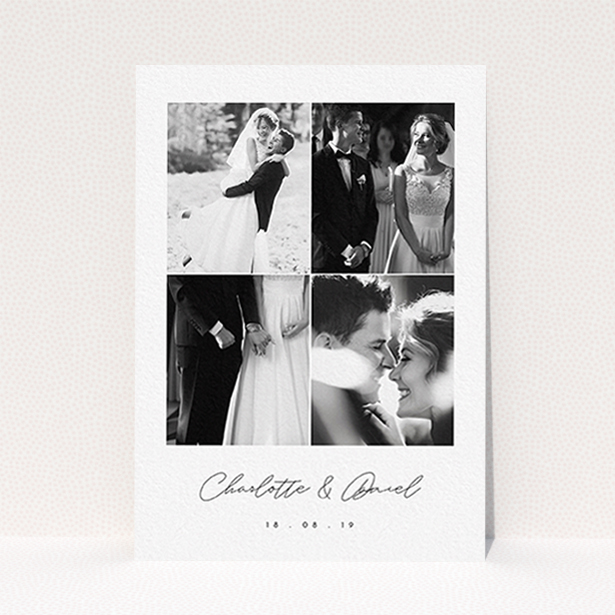 A wedding thank you card named "Box Chic". It is an A6 card in a portrait orientation. It is a photographic wedding thank you card with room for 3 photos. "Box Chic" is available as a flat card, with tones of black and white.