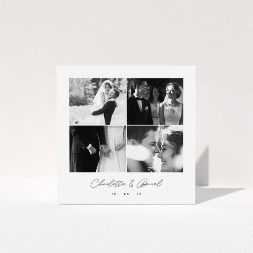 A wedding thank you card named "Box Chic". It is a square (148mm x 148mm) card in a square orientation. It is a photographic wedding thank you card with room for 3 photos. "Box Chic" is available as a folded card, with tones of black and white.
