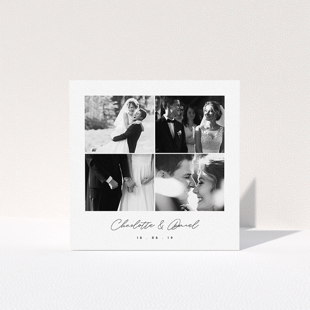 A wedding thank you card named "Box Chic". It is a square (148mm x 148mm) card in a square orientation. It is a photographic wedding thank you card with room for 3 photos. "Box Chic" is available as a folded card, with tones of black and white.