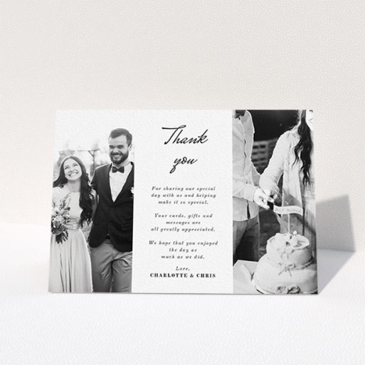 A wedding thank you card template titled "Caught in the middle with you". It is an A6 card in a landscape orientation. It is a photographic wedding thank you card with room for 2 photos. "Caught in the middle with you" is available as a folded card, with mainly white colouring.