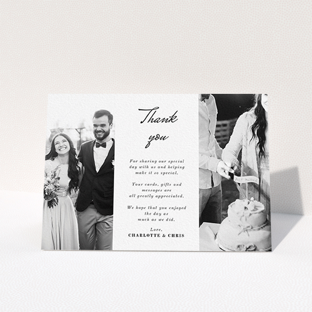 A wedding thank you card template titled "Caught in the middle with you". It is an A6 card in a landscape orientation. It is a photographic wedding thank you card with room for 2 photos. "Caught in the middle with you" is available as a folded card, with mainly white colouring.