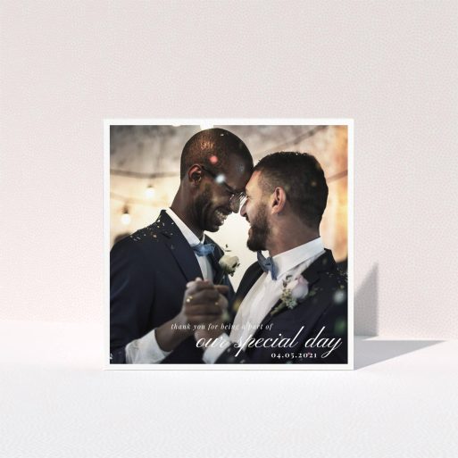 Wedding Thank You Card Design - "Central Park Photo" A wedding thank you card template titled "Central Park Photo". It is a square (148mm x 148mm) card in a square orientation. It is a photographic wedding thank you card with room for 1 photo. "Central Park Photo" is available as a folded card, with mainly white colouring.