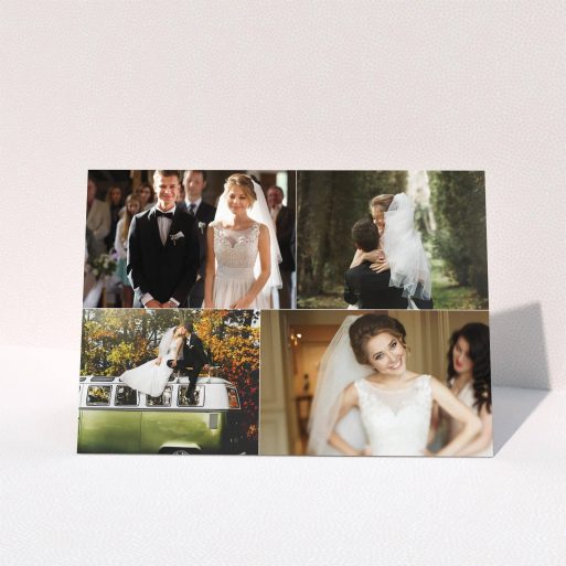 A wedding thank you card design named "Cheek by jowl". It is an A5 card in a landscape orientation. It is a photographic wedding thank you card with room for 3 photos. "Cheek by jowl" is available as a folded card, with tones of black and white.