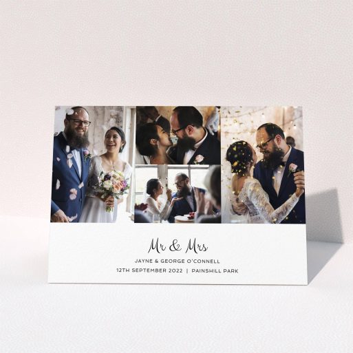 A wedding thank you card design named "Cheek by Jowl". It is an A5 card in a landscape orientation. It is a photographic wedding thank you card with room for 4 photos. "Cheek by Jowl" is available as a folded card, with mainly white colouring.