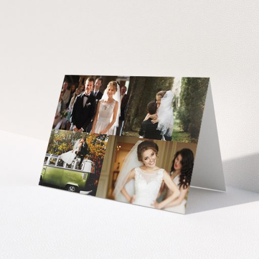 A wedding thank you card design named 'Cheek by jowl'. It is an A5 card in a landscape orientation. It is a photographic wedding thank you card with room for 3 photos. 'Cheek by jowl' is available as a folded card, with tones of black and white.